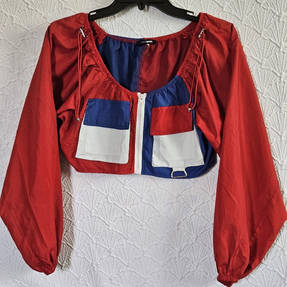 Fashion Nova Game On Colorblock Cropped Windbreaker Jacket Red Blue White W's S